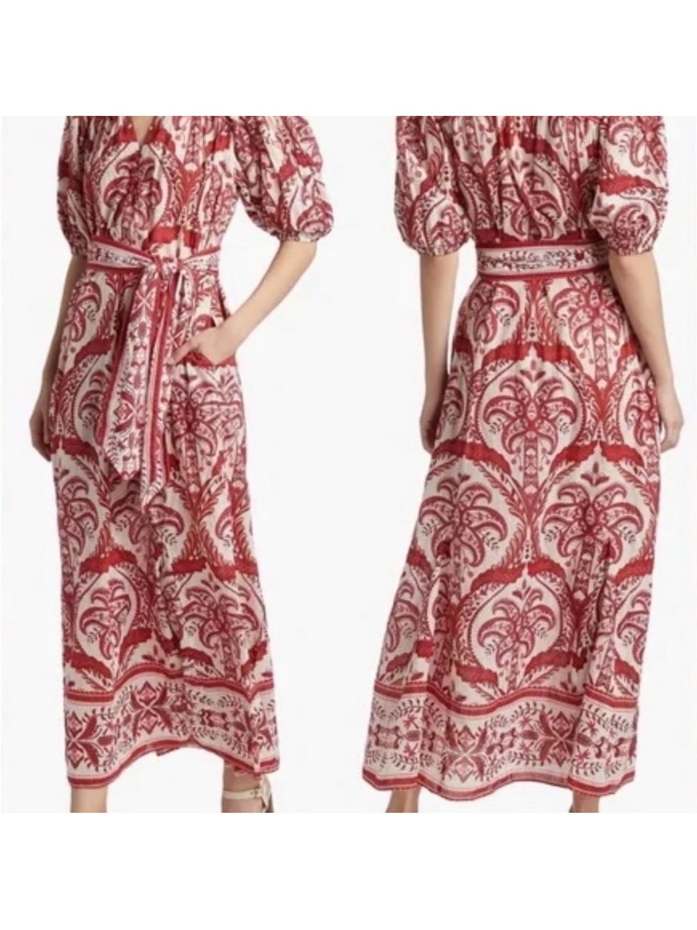 FARM Rio Red and Off White tropical cameo belted maxi dress, M - Picture 3 of 8